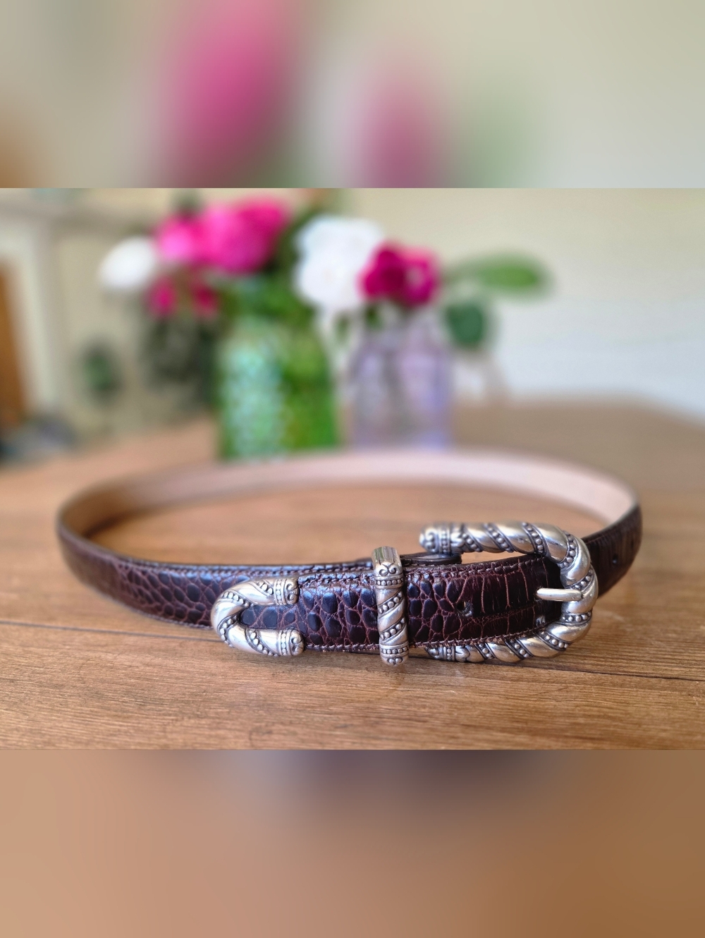 Brighton Brown Croc-Embossed Leather Belt with Silver Hardware